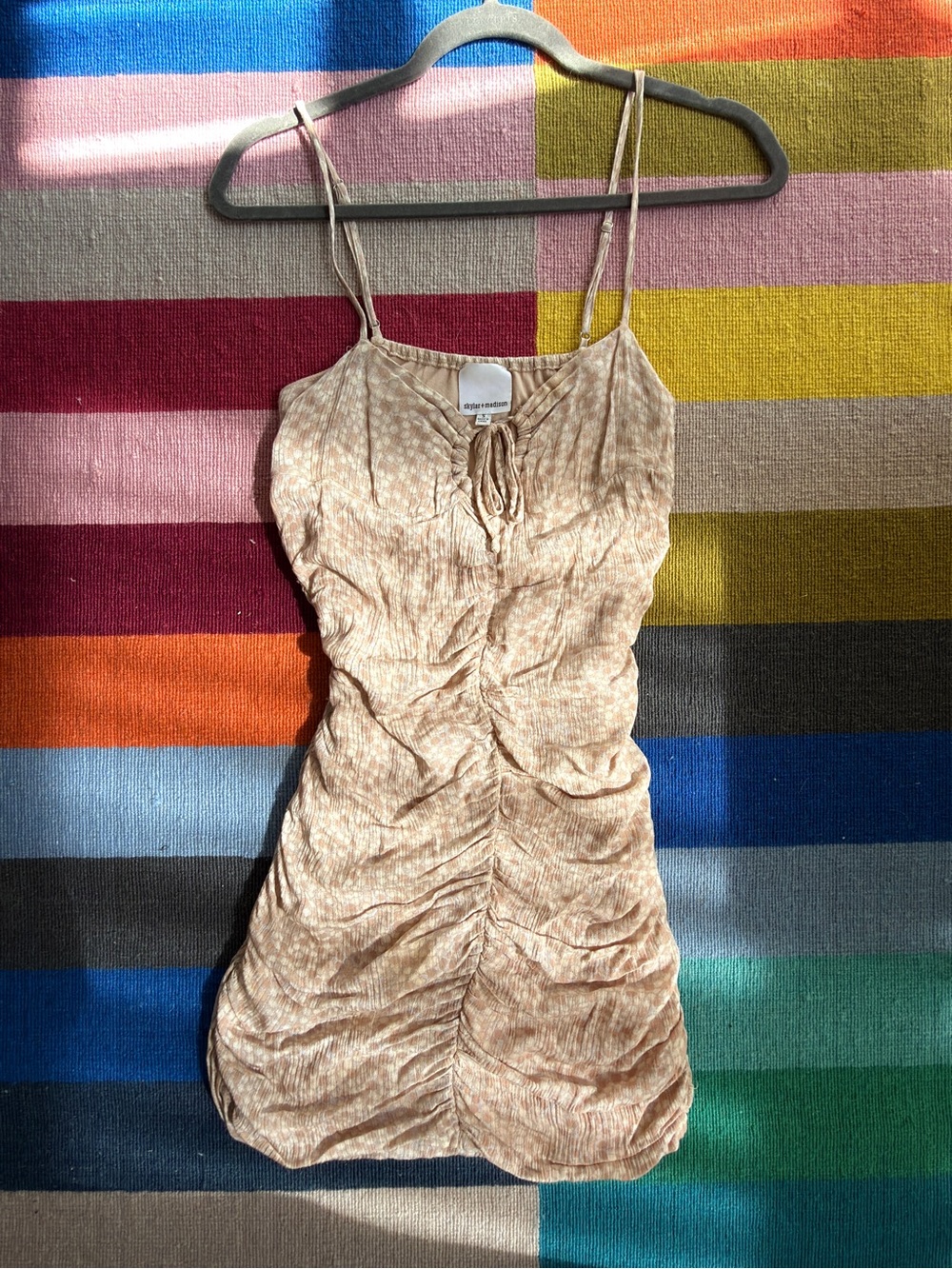 Ruched Patterned Mini Dress with Spaghetti Straps